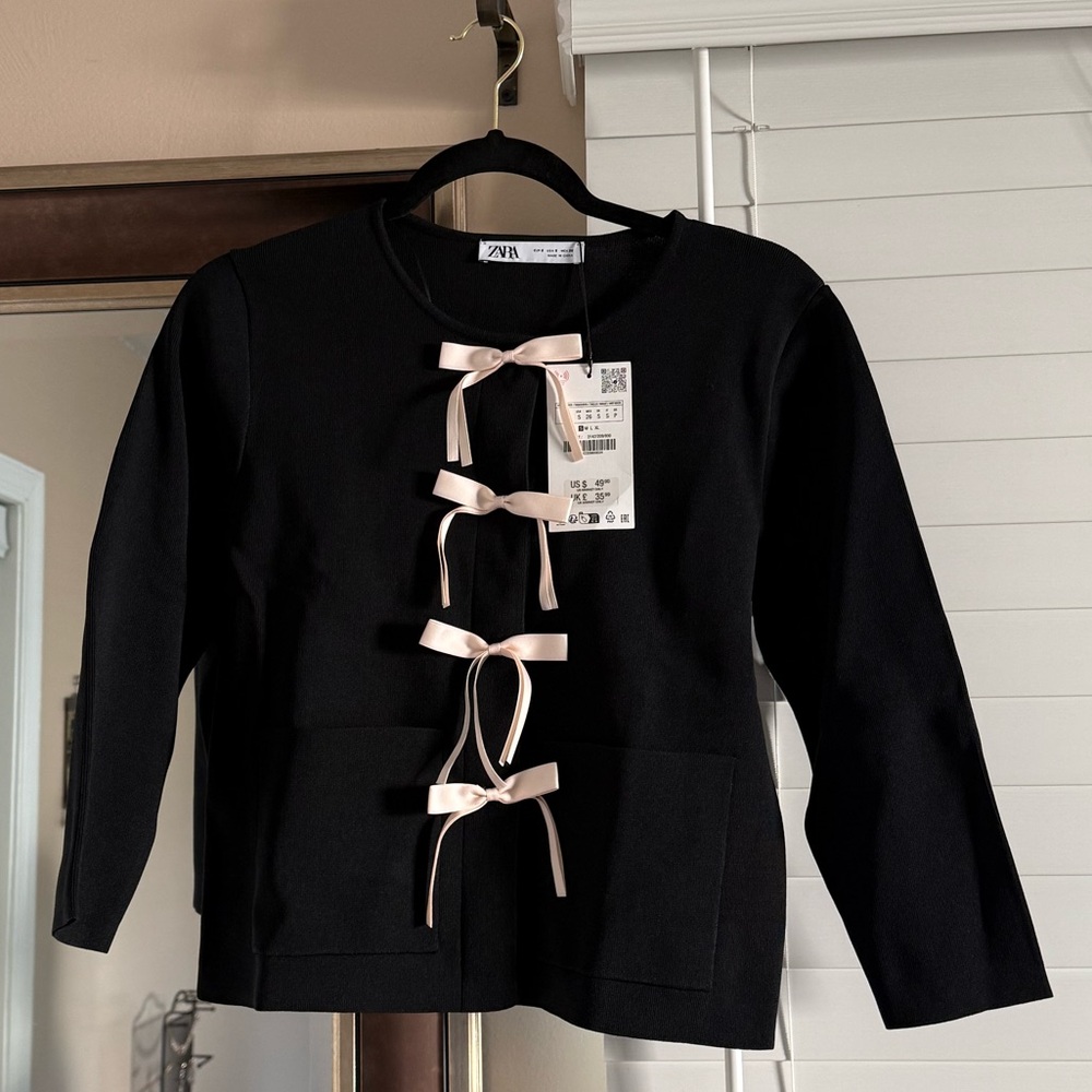 Zara black cardigan with pink ribbon bow size small